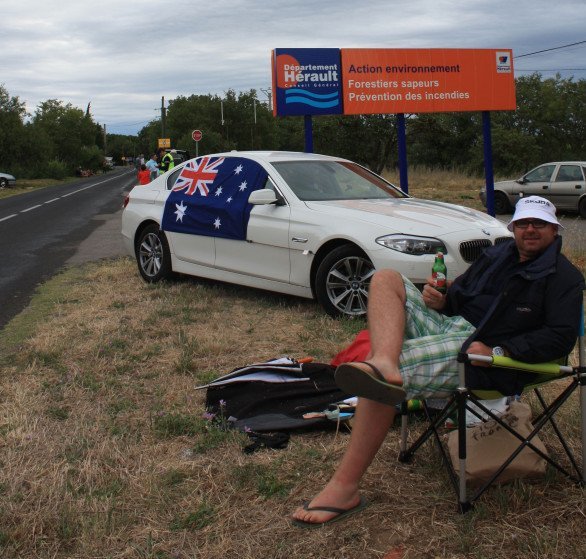 Our spot about 10km from the finish of Stage 15 in Montpellier....C'Mon Aussie!
