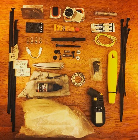 Tools etc that a racer in the Indian Pacific Bike Race is packing (Photo Credit: bright.christie Instagram)