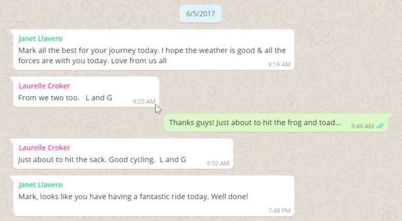 Monday June 5, 2017. Motivating WhatsApp messages from my sister and parents in Australia. (note the times have been converted back to east coast time)